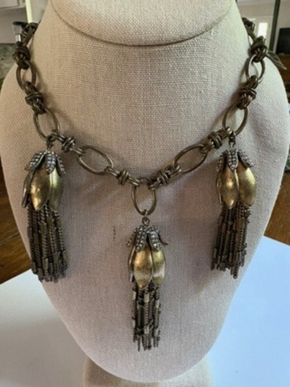 J Crew Three Tassels Crystal & Antique Gold Tone Statement Necklace - Picture 3 of 7
